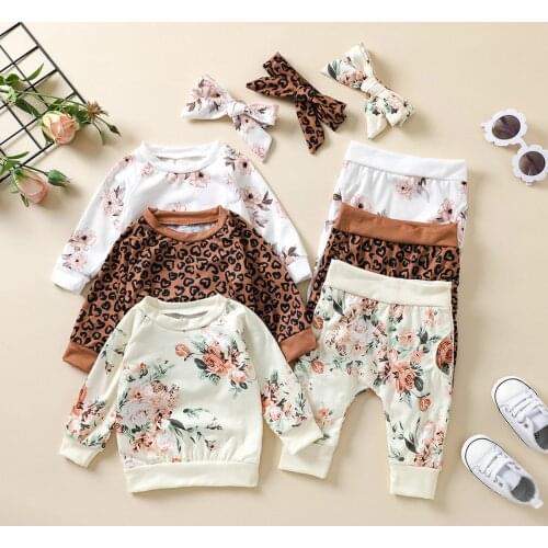 FOCUSNORM 3pcs Autumn Baby Girls Boys Clothes Sets 0-24M Flowers/Leopard Printed Long Sleeve Sweatshirt Tops Pants Headband