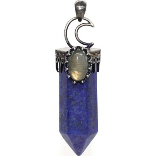 KFT Antique Silver Plated Crescent Moon Necklace Natural Healing Crystal Hexagon Pendant Labradorite Stone Pendulum Jewelry