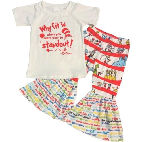 White cartoon shirt bell pants girl clothing set summer boutique kids fashion outfit