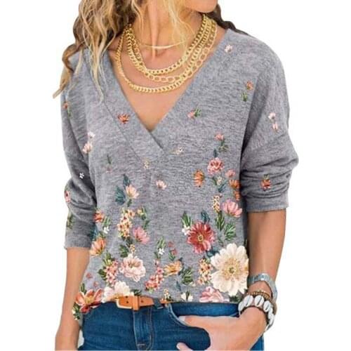 Summer Oversized Elegant Tshirt Women Floral Print Deep V-neck Long Sleeve Thin Casual Loose Plus Size Tops T-shirt