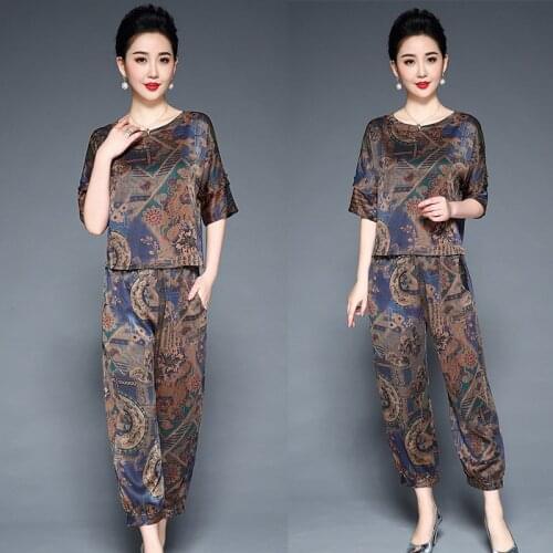 Summer new two-piece silk suit women fashion plus size short-sleeve shirt bloomers Two-piece womens casual printing Sets F1257