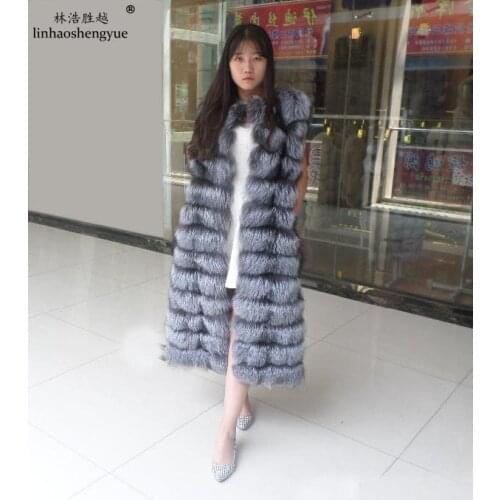Linhaoshengyue 110cm Long Real Fox Vest Women Long Silver Fox Fur Vest