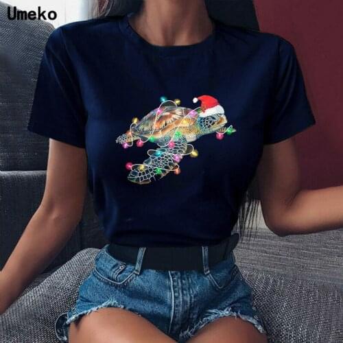 Fashion Christmas Hat Tortoise Printing T-Shirts Women Casual Lovely Animal Short Sleeve O Neck Fashion Femme 2021 Slim Tshirts