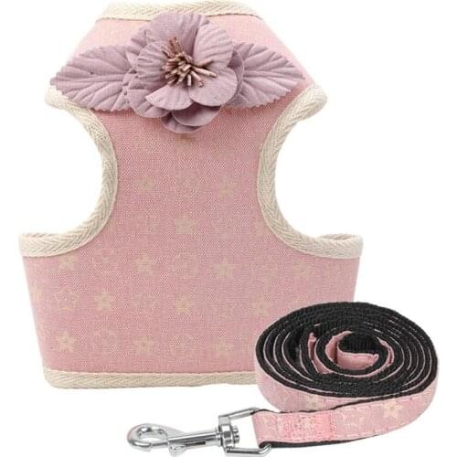 Fashion Flowers Decor Dog Harness Leash Sets Adjustable Breast-band Vest for Medium Small Puppy Dogs Walking Running Lead