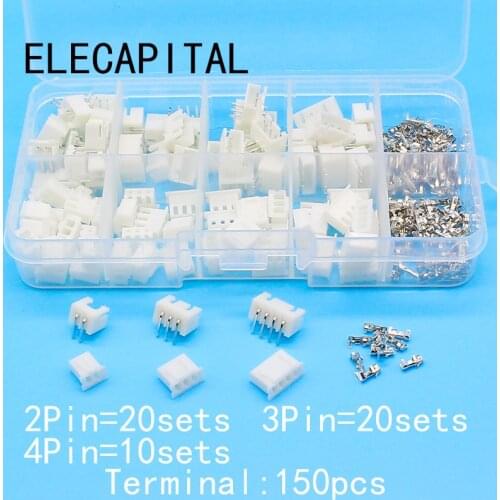 50 sets Kit in box 2p 3p 4pin Right angle 2.54mm Pitch Terminal / Housing / Pin Header Connector Wire Connectors Adaptor XH Kits