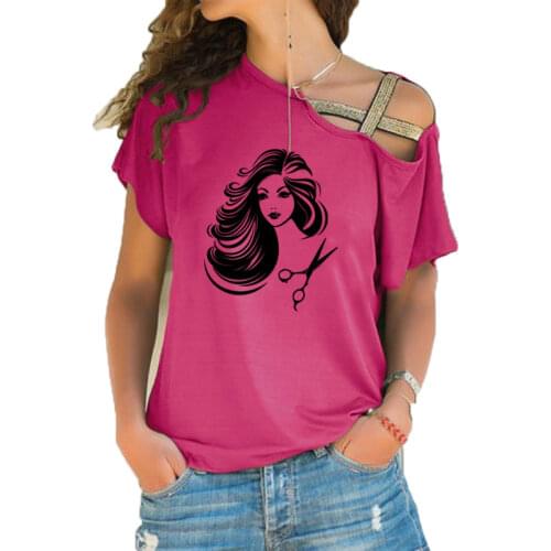 New Barbershop Hot Sexy Girl Beauty Hair Salon T-shirt Women Grooming Salon Short sleeve Irregular Skew Cross Bandage Tees Tops