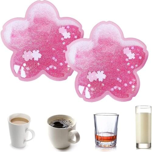 Sakura Coaster Glitter Quicksand Coasters For Drink Sakura Cup Coasters 1/2Pcs Cute Silicone Non Slip Insulation Coaster Kitchen