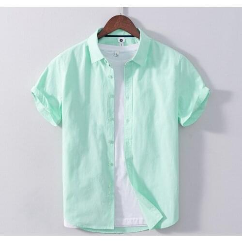 Green Short Sleeve Shirt for Men Pure Cotton Turn-down Collar Casual Tops Male Summer New Solid Color Classic Clothing 2021