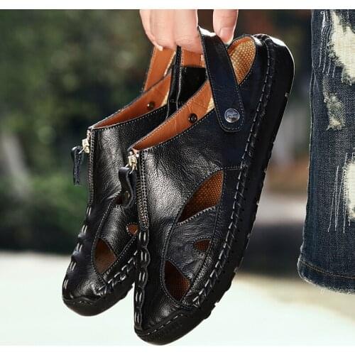 Mens Sandals Outdoor Beach Shoes Handmade Toe Caps Feet Leather Cowhide Surface Summer Slippers Casual Men’s Sandal for Boy