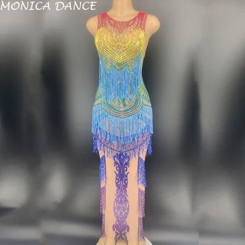 Sexy Transparent Colorful Rhinestones Fringes Dress Mesh See Through Crystals Dress Evening Birthday Celebrate Costume Dress
