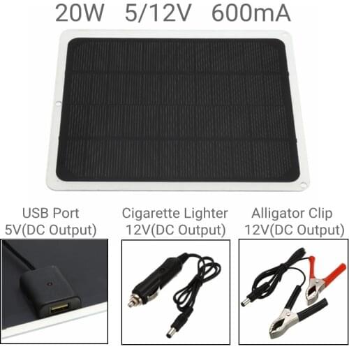 12V 20W Solar Panel USB Monocrystalline Solar Panel with Car Charger for Outdoor Camping Emergency LED Light Waterproof