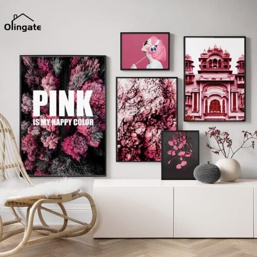 Modern Pink Fashion Music Girl Canvas Painting Nordic Plant Temple Wall Art One Piece Canvas Art Home Living Drawing Room Decor
