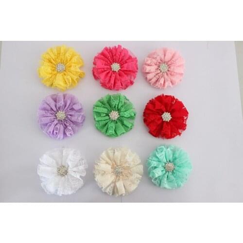 Vintage Lace flower rhinestone Center hair flower ,For Kids girl 18 colors 50pcs