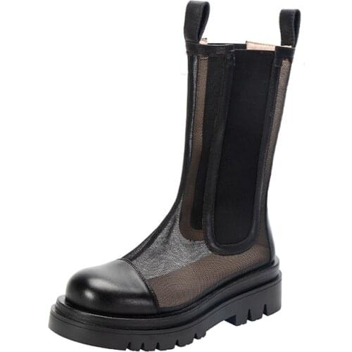 HughSwell Mid Calf Chelsea Boot with Chunky lug Sole Women Wellington Style