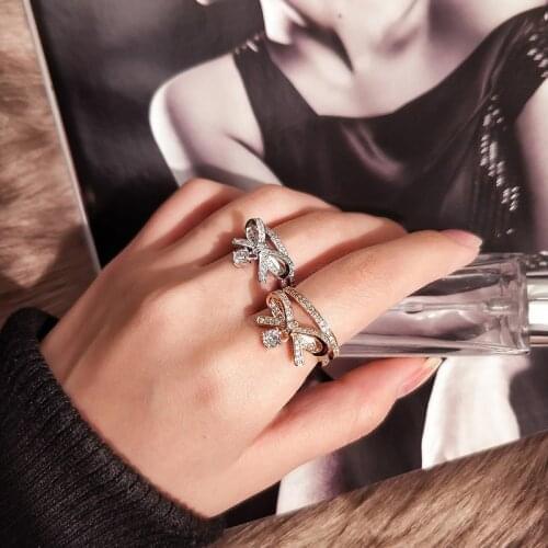 Kpop Japan Korea Womens Romantic Bowknot Design Rings Crystal Rose gold Color Ring Shiny Opening Ring For Lady Girls