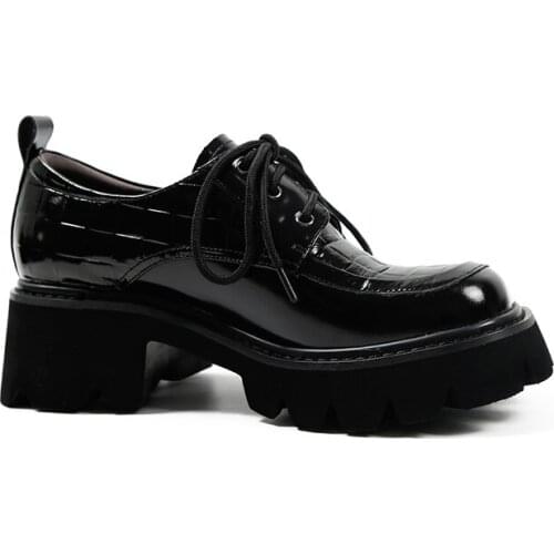 MORDOAN Platform Shoes Women Patent Leather Genuine Cow Leather Lace-Up Square Toe Oxfords Brogue Flat Shoes Ladiescasual Shoes