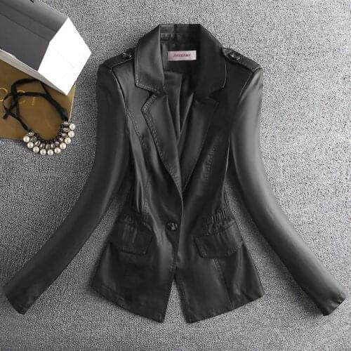SWREDMI Women Leather Jacket Slim Blazer One Button Suit Coat Fashion Leather Coat Female Outerwear Spring Autumn Clothing