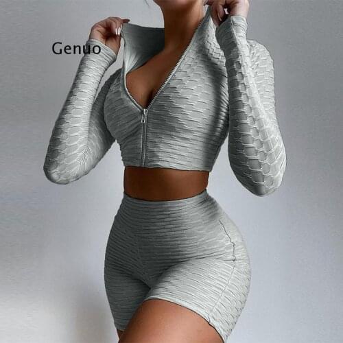 Two Pieces Sports Suit Female Solid Running Sets Zipper Stand Collar Long Sleeve Crop Tops+High Waist Shorts Women Tracksuit
