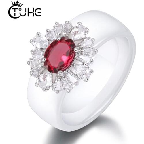 New Fashion Ceramic Rings With Red Bling Zircon Crystal For Women Elegant Lady 8mm Wide Black White Smooth Ring Wedding Jewelry