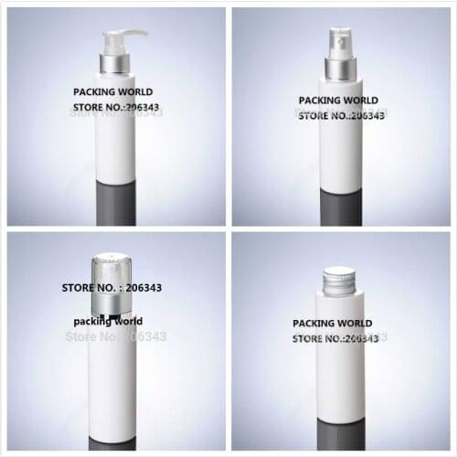100ml WHITE PET BOTTLE with matte silver pump/lid for water/toner/flower water/aqua sprayer/lotion/shampoo/emulsion packing