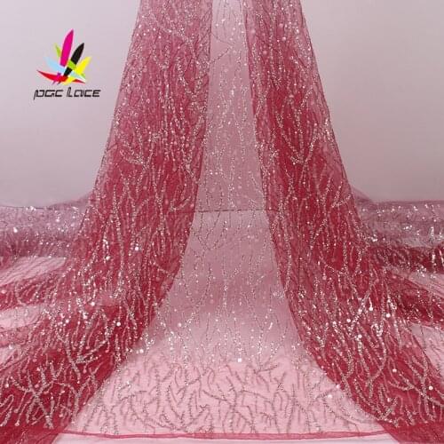 2021 Hot Sale Groom Lace Sequin Red Beads Wedding Dress Applique Bridal Nigerian French White Tulle Lace Fabric