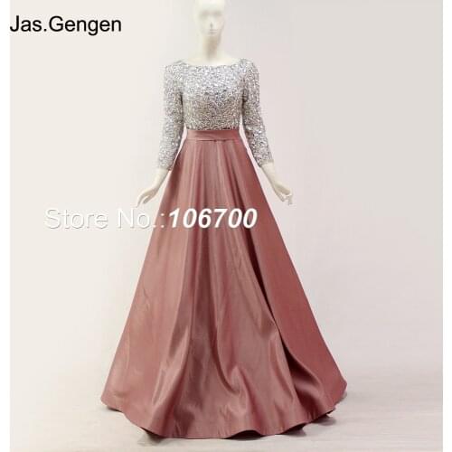 Arabic Bling Crystal Beaded Long Sleeve Evening Dresses Ballgown O Neck with Sash Royal Blue Color Long Party Prom Gowns