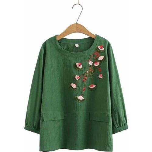 Plus size LOOSE embroidery O NECK cotton women green pink sky blue blouse 2021 new pullovers casual ladies shirts female tops
