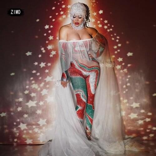 Christmas clothing party nightclub wear Red Tassel Rhinestone Jumpsuit Hooded Stage Dancer festival outfit drag queen costumes