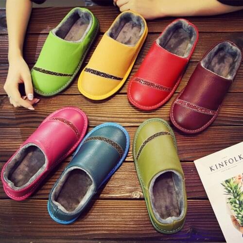 Leather Cowhide Slippers Autumn and Winter Cotton Slippers Home Floor Slippers Men and Women Slip Waterproof Warm Shoes