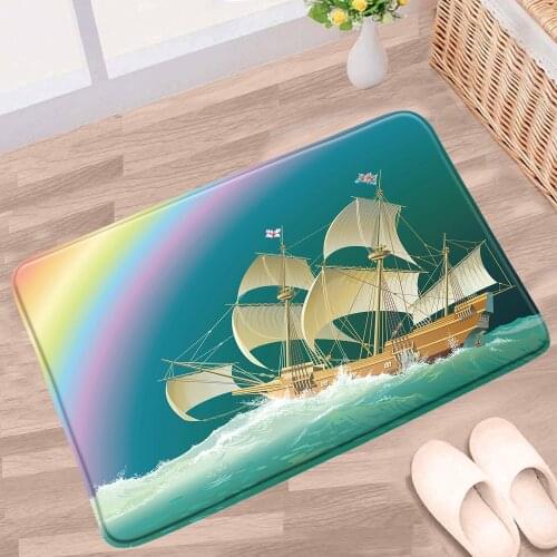 Oil Painting Sailboat Bathroom Mat Ocean Scenery Rainbow Waves Cartoon Graffiti Non-Slip Rug Flannel Bath kitchen Doorway Carpet