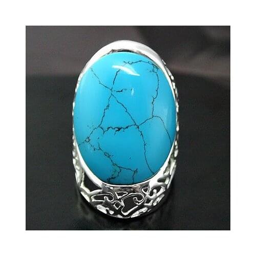 Unsex 27X33mm Solid silver color Blue Natural Stone fashion Ring Size 7/8/9/10