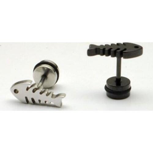 Fish bone stud earring for men titanium stainless steel black earring hip-hop emo korean unique jewelry stainless steel jewelry