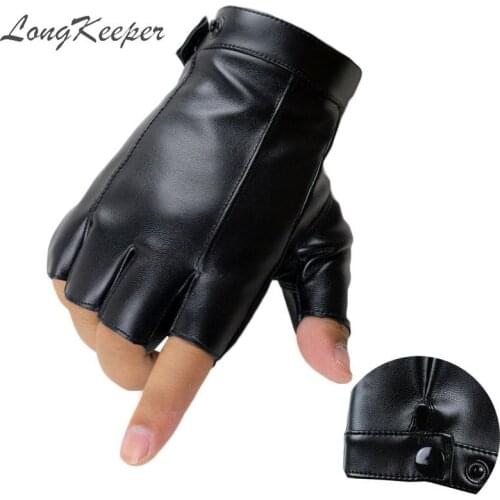 LongKeeper Half Fingers Gloves Men Women PU Leather Fingerless Guantes Fashion Black Driving Gloves Luvas