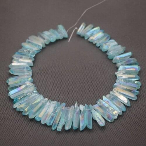 Approx 54pcs/strand Natural Raw Aqua AB Quartz Crystal Point Pendant Rough Top Drilled Spike Gem Beads Crystal Women Necklace