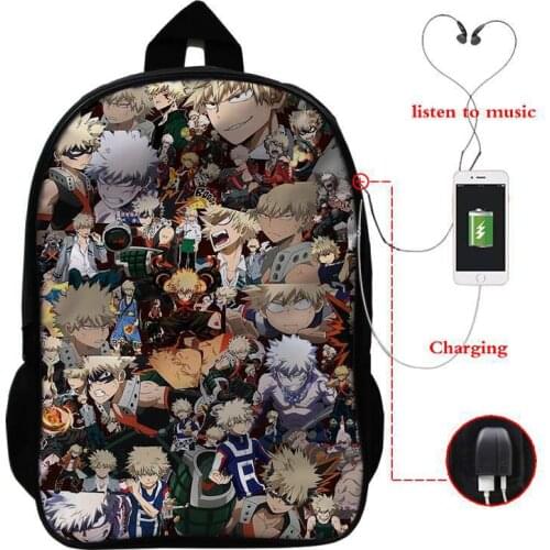 My Hero Academia Backpack Bakugou Katsuki School Bags Multifunction USB Charging Backpacks Boy Girl Book Bags Headphone Knapsack