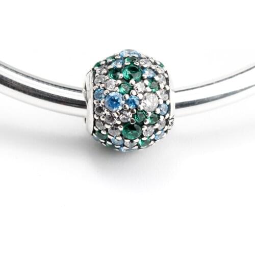 Real 925 Silver Sky Mosaic Pave Ball Charm Beads Fit Bracelets Necklaces Accessories Fine Jewelry for Wedding Gift