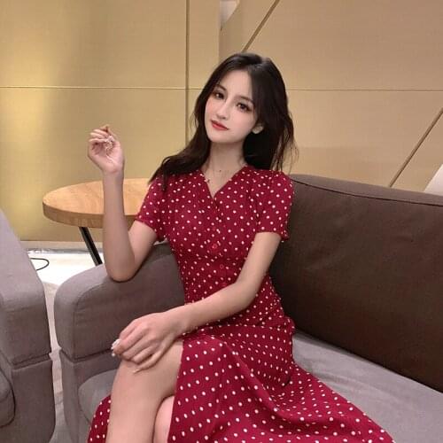Chiffon Dress 2019 Summer New Retro Hepburn Wind Split Wave Point Single-breasted Slim Slim Over Knee Red Dress Roupas Feminina