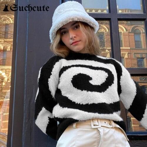 SUCHCUTE Paisley Print Women Sweater Harajuku Casual Y2K Tops Knitted Kawaii Pullovers Female Long Sleeve Sweaters Clothes New