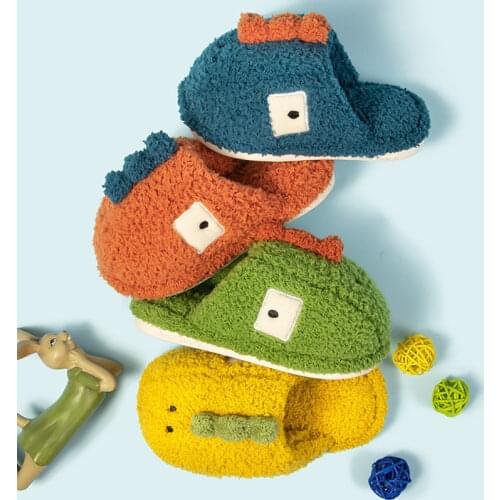 Winter Cartoon Dinosaur House Children Fur Slippers Winter Warm Plush Boys Girls Bedroom Slippers Non-slip Home Kids Shoes
