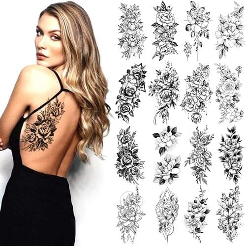 Temporary Tattoos Stickers Large Black Water Transfer Tattoos Stickers for Women Long Lasting Waterproof Rose Flowers Body Decal