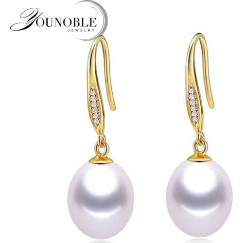 Real Pearl Jewelry Anti allergic Real 18k Solid Gold Earrings,Freshwater Pearl Drop Earrings Jewelry Women Trendy Wedding E025