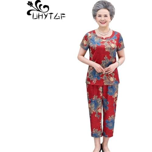UHYTGF Womens Pajamas Print Imitate Silk Summer Two-Piece Set Middle-Aged Elderly Thin Home Clothes 5XL Plus Size Sleepwear 1673