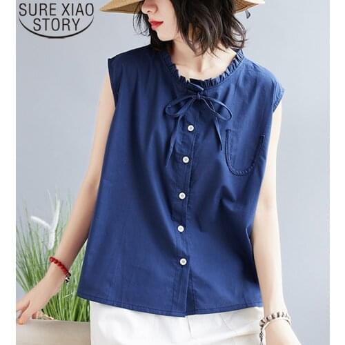 Women Sleeveless Shirts 2021 Summer New Loose Vintage Casual Shirt Solid Pocket Lace-up Shirts Womens Tops and Blouses 10318