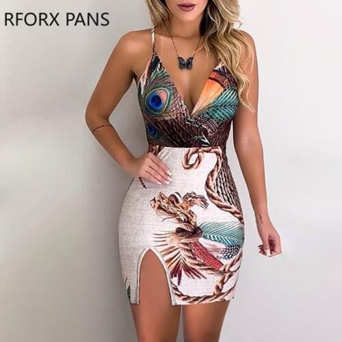 Women Peacock Feather Print Slit Bodycon Dress Sexy Bodycon Dress