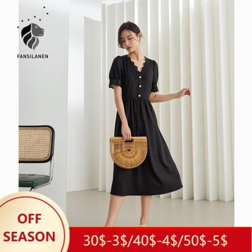 FANSILANEN Office Lady Gentle Wind V-neck Dress Women Summer 2021 New Lace Stitching A-line Retro Long Black Dress Sexy Dress