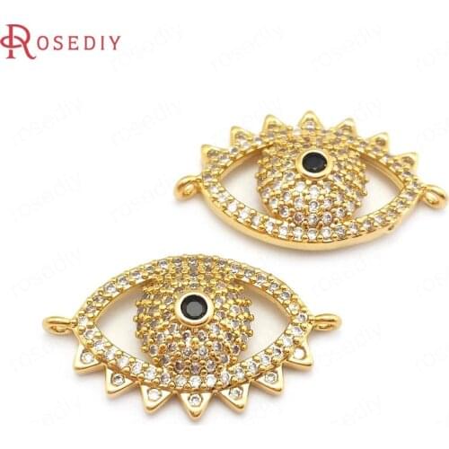 40704)2PCS 26x15MM 24K Gold Color Brass and Zircon 2 Holes Eye Connect Charms Pendants Jewelry Making Supplies Diy Accessories