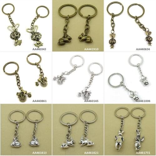 Antique Bronze Silver Tone Keychain Keyring Keytag Gentleman Rabbit Hare Chinese Zodiac Miss Cycling Key Chain Ring Tag Gift