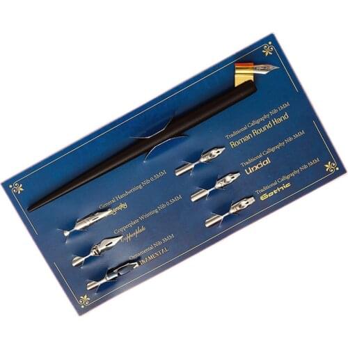 Wood Manga Calligraphy Dip Pen Holder with 6 Nibs for Lettering Sketching Drawing Fountain Pens Stationery Writing Supplies