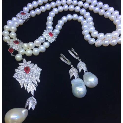 Jewelry set natural pearl necklace and drop earring gemstone jewelry 925 sterling silver party necklace double layers fine jewel