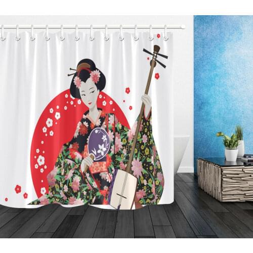 Bathroom Waterproof Fabric & 12 Hooks Japanese Lady Geisha Shower Curtain Set